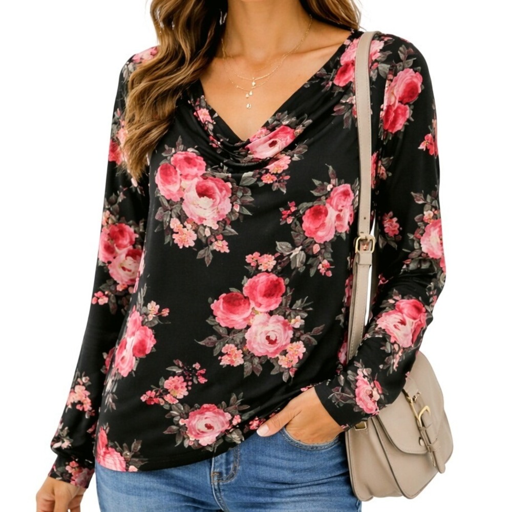 NWT Black Pink Floral Long Sleeve Sweetheart Neck Stretch Romantic Top Womens 0X